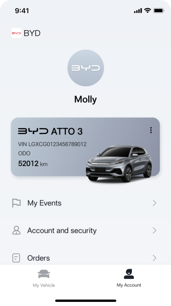 BYD AUTO: ukázka nabídky účtu